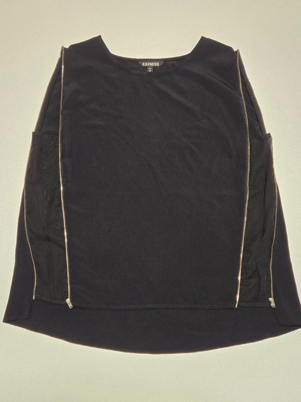 Express Women Black Sleeveless Blouse M Silver Side Zippers Sheer Mixed Media